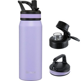 OLDLEY 24 oz Insulated Water Bottle With Straw, Stainless Steel Sports Water Cup Flask with 3 Lids(Straw, Spout and Handle Lid) Double Walled Travel Thermal Canteen Mug,No Silicone Base,Purple