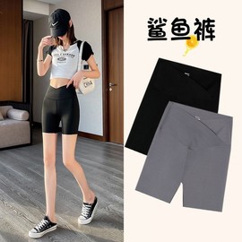 Women's Soft Yoga Shark Leggings with Cross Waist - Summer Mid-Calf, Tummy Control & Butt Lift Cycle Black Flat Waist [5-point] + XXL[140-155] 5ea