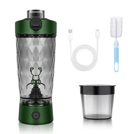 MeYuxg Electric Protein Shaker, 650 ml Wireless Sports Shaker with Mixing Function, Automatic Mixing Cup with Powder Container & Cleaning Brush, for Sports, Fitness and Travel Green