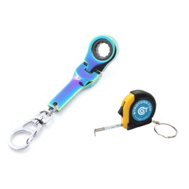 GT//Rotors 10mm Mini Ratchet Socket Wrench Keychain Key Ring (Free Bonus: Mini Tape Measurement Keychain) (Neo Chrome)
