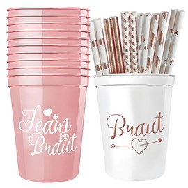 Pack of 12 Team Bride Cups, JGA Cups with 12 Straws, Reusable Team Bride Bachelorette Party Cups, Bride Team Cups Set for Bridal Shower, Engagement, Stag Night