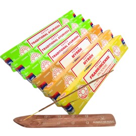 Satya Traditional Aurveda, Myrhh & Frankincense with ANKCIENSE Incense Holder Pack of 3 fragrances Variety Pack of 90 Sticks