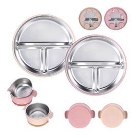 Gweichunon 4 Pack Stainless Steel Plates,Plates with Suction,Non Slip Plate and Children Bowl with Removable Silicone Suction,Unbreakable Feeding Set Dishwasher Safe(Pink and Beige)