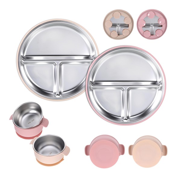 Gweichunon 4 Pack Stainless Steel Plates,Plates with Suction,Non Slip Plate