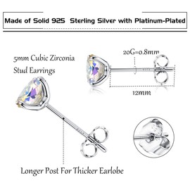 MILACOLATO 925 Silver CZ Stud Earrings for Men and Women, Long Pin Cubic Zirconia Aurora Rainbow Stud Earrings, Platinum Gold Rose Gold Plated Tiny CZ Sleeper Earring Hypoallergenic, 5 mm, Sterling