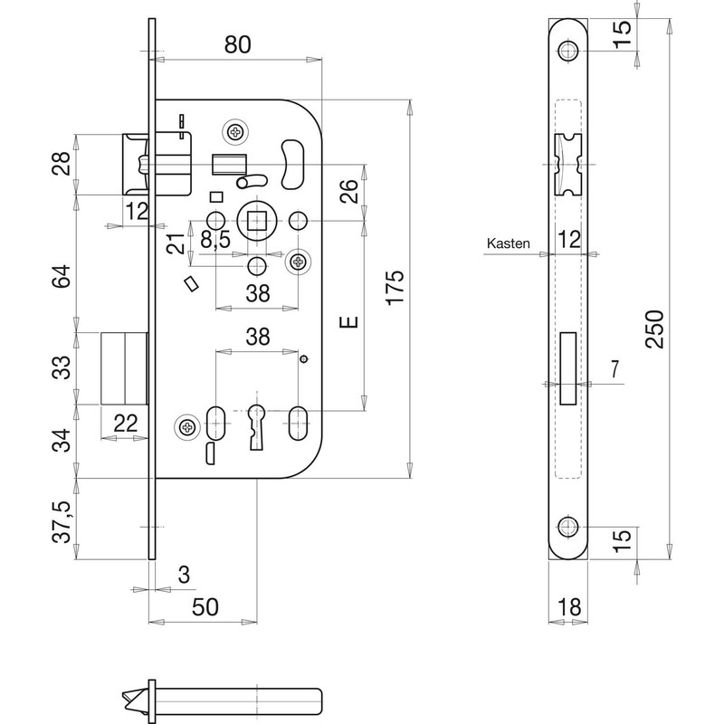 Grundmann WG Mortise Lock 300R Wedge Bit DM 50 Galvanised