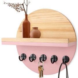 Gurfuy Pink Key Holder for Wall with Shelf - Wood Mail Organizer and Rack with Shelf Hooks Wall Mounted for Entryway Decor Magazines Letter Storage Farmhouse Living Room Bedroom Doorway