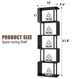 Gadroad 5-Tier Bookshelf, Tall S-Shaped Geometric Bookcase, Wood and Metal Decorative Storage Shelving, Modern Freestanding Display Shelves, Book Shelf Unit for Living Room Bedroom Home Office, Black