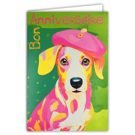 AFIE 69-8105 Happy Birthday Card with Envelope 12 x 17.5 cm - Illustration Little Dog Cute Puppy with Pink Beret Basque Hat - Real Neon Inks - Created and Made in France