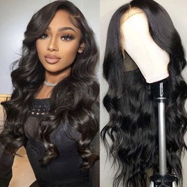 Aicrelery Lace Front Wigs Human Hair Body Wave 13x6 HD Lace Frontal Wig Pre Plucked Bleached Knots With Baby Hair 180 Density Brazilian Human Hair Wigs for Black Women (24 Inch, Natural Color)