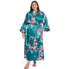 feslieacc - Batas largas de satén para mujer, talla grande, batas largas de seda, pavo real, estampado floral, Kimonos, Pavo real | Turquesa, Talla única