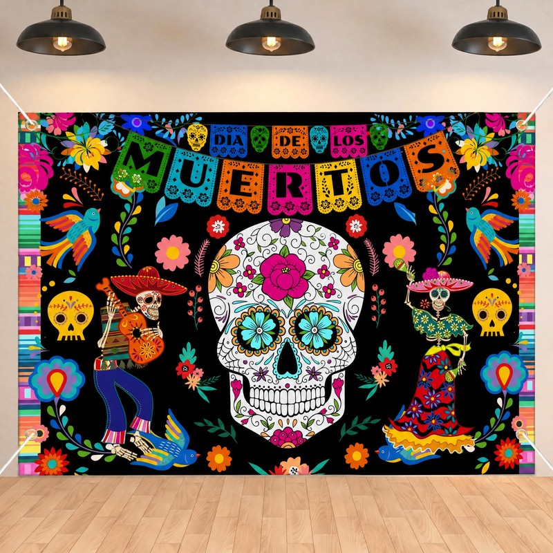 Banner Dia de Muertos,Fondo de Calavera 180×100cm,Decoracion Dia de Muertos
