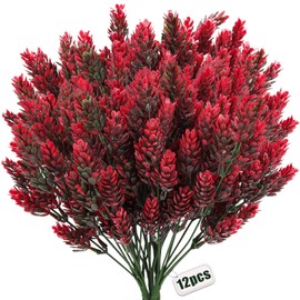 RECUTMS 12 Bundles Fake Stems Plants Artificial Pine Branches Faux Greenery Plastic Boxwood Shrubs Artificial Flowers Bulk Real Touch Leaf Stem Branch Decor for Wedding Centerpiece (Red)