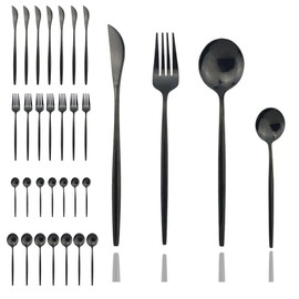 JASHII 32 Piece Titanium Black Plated Stainless Steel Flatware Set, Black Cutlery Set, Black Silverware Set, Service for 8 (Black Full)