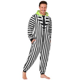 BEETLEJUICE Men's Fleece Jumpsuit with Hood, Cuddly Jumpsuit - Funny Gifts for Men (White/Black, 2XL), white/black