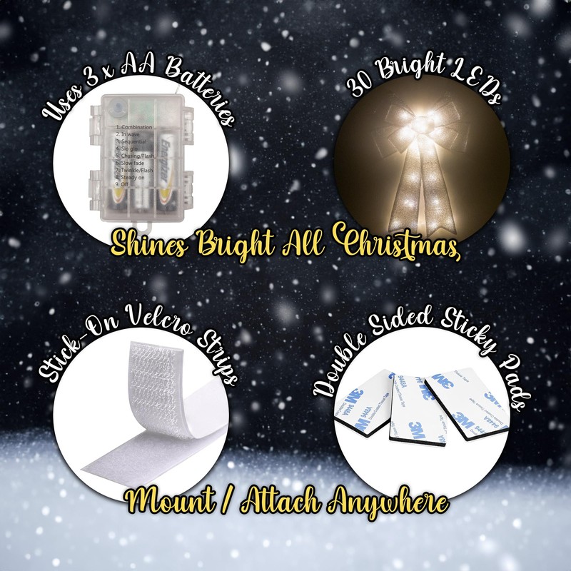 Pre-lit Gold Christmas Bow - Flashing, Dimmable LEDs, Timer,Remote Control,