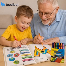 Beetbul Kit Educativo, 1 Libro para Colorear 192 págs + 12 crayones + Juego de Memoria, para niños de +4 años y Adultos Mayores (05 Espacio)
