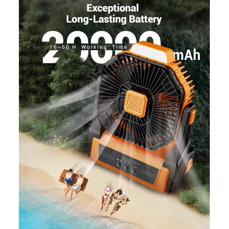 KopBeau Portable Camping Fan with Lights, 20000mAh Rechargeable Battery Operated