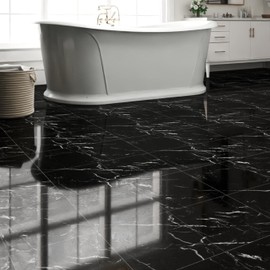 20-Pack Peel and Stick Floor Tiles Vinyl Floor 12 x 12 inch Self Adhesive Waterproof Flooring Planks DIY for Bathroom, Kitchen, Living Room, RV, Cover 20 Sq. Ft, Polish Black Marble