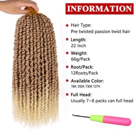 Xtrend 8packs 22inch Pre-twisted Passion Twist Hair Natural Black Pre-looped Passion Twists Crochet Braids Synthetic Hair Extensions Crochet Hair For Women (8packs, 27613#)