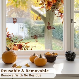 Flortlias Fall Floral Window Clings Fall Sticker for Glass Window Door Home Office Decor, Autumn Orange Butterfly