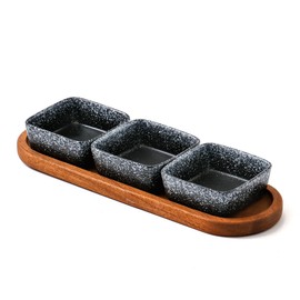 YJR Chip and Dip Serving Set, 3 pcs Ceramic Dipping Bowls with Wooden Tray, 3.5 Inch Small Serving Bowls for Side Dishes, Condiments, Dipping, Pre, Salsa, Entertaining, Party, Buffets, Snowflake