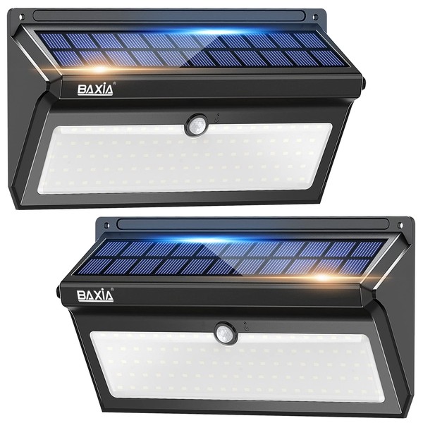 BAXIA TECHNOLOGY Solar Lights Outdoor Waterproof, 100 LED Solar Motion Sensor Lights with Wide Angle Super Bright Security Solar Wall Lights for Garden, Fence, Front Door, Yard, [2 Pack]