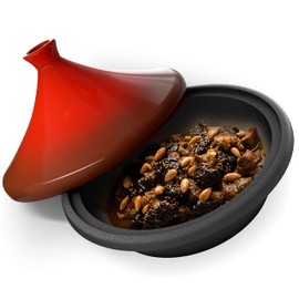 KooK Moroccan Tagine, Enameled Cast Iron Cooking Pot, Tajine with Ceramic Cone-Shaped Closed Lid, 3.3 QT, (Crimson)