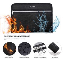 Fireproof Safe Waterproof Accordion File Bag Folder Expanding Filing Folder with 14 Multicolored Pockets, A4 Letter Size, Document Organizer Holder and Color Labels /2 Zipper (Black 14.3" x 9.8")