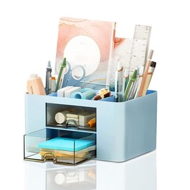 Desk Organiser with Drawer, Multifunctional Pen Holder, Desk Organiser with 7 Compartments, Plastic Table Organiser for Office Supplies, Pen Holder for Office, Home, School (Blue)