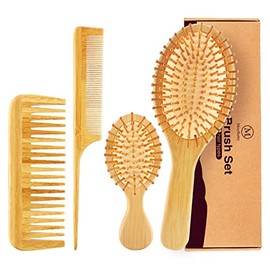 MoyRetty Bamboo Hair Brush Comb Set, Natural Wooden Hairbrush Paddle Detangling for Thick Thin Curly Straight Wavy Dry Fine Hair, Men Women and kids(4 Pcs)