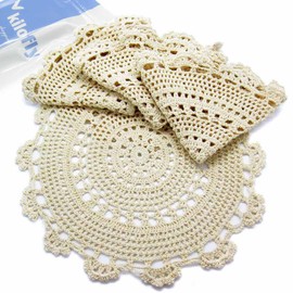 kilofly Handmade Crochet Round Cotton Lace Table Placemats Doilies Value Pack [Set of 4], Medallion, 13.3 x 13.0 inch, Beige