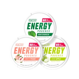 Grinds Energy Pouches - Natural Caffeine Pouches - Contains B-Vitamins, Sugar-Free, & 0 Calories - 80mg of Caffeine in Each Pouch - Wintergreen, Peach, & Sour Apple - 3 Pack, 15 Pouches Per Can