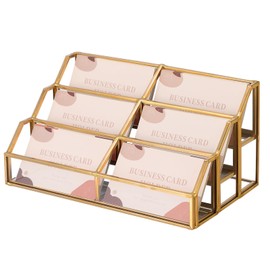 Hipiwe Gold Metal Desk Business Card Holder Glass Name Card Display Organizer 3 Tiers 6 Slot Business Card Stand for Exhibition Office Desktop