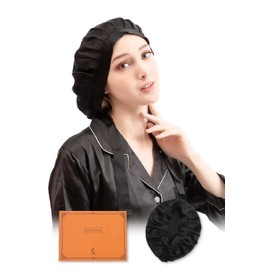 Ccomfy Silk Night Cap, Silk Cap, Natural 100% Silk, Silk Night Cap, With Drawstring, For Sleeping, Beautiful Hair & Cosmetic Box Included, Black