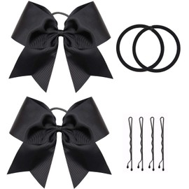 Black Cheer Bow, 2 PCS 8 Inch Large Cheer Hair Bows Ponytail Holder Elastic Band Handmade for Cheerleaders Teen Girls College Sports (Black)