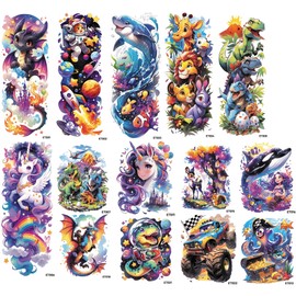 6 Sheets Full Arm Temporary Tattoos for Kids, 8 Sheets Half Arm Waterproof Temp Cute Animal Stickers for Boys and Girls, Fake Children Tattoo Kits Hand and Body Art for Birthday Party Favors Supplies
