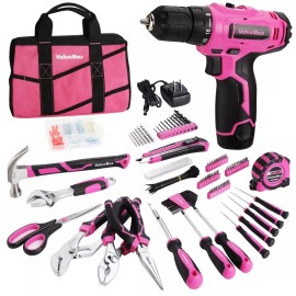 ValueMax 233PC Home Tool Kit Pink Tool Set Cordless Drill Tool w/Basic Drill Set