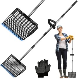 2 in 1 Chicken Poop Scooper Rake , 2 Rakes and 4 Sections Adjustable Stainless Steel Handle 37.4 - 68.9 Inch, Litter Scoop Chicken Coop Scoop for Animal Farm and Poultry Habitats with Gloves