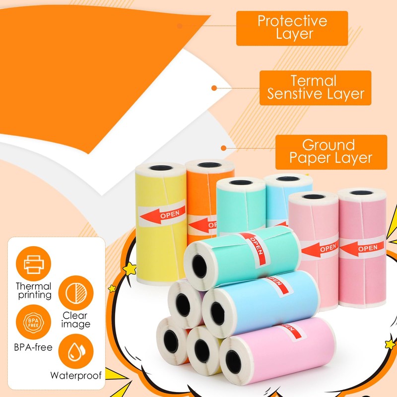 HuiJuKeJi 12 Rolls Mini Printer Sticker Paper,Thermal Self-adhesive paper 57