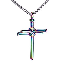 HIJONES Unisex's Stainless Steel Punk Rainbow Cross Pendant Polished with Silver Chain