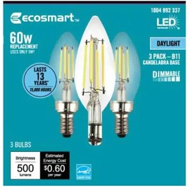 EcoSmart Bulbs 60-Watt Equivalent B11 Dimmable Energy Star Clear Glass Candelabra Vintage Edison LED Light Bulb in Daylight (3-Pack)