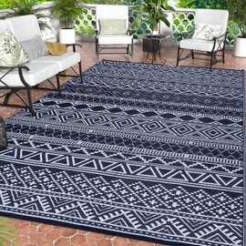 MilleLoom 9x18 Large Outdoor Plastic Straw Rug, Outdoor Rug, Reversible Plastic Camping Mats, Easy Cleaning, Non Shedding Patio Rug for Outdoors, Backyard, Picnic, Patio, Deck, Dark Blue/White