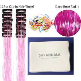 Clip in Hair Tinsel Pack of 12 Pcs 24 Inch Glitter Pink Heat Resistant Sparkle Fairy Hair Extensions Accessories for Women Girls(24Inch 12Pcs,Deep Rose Red)