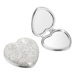 AsAlways Espejo de bolsillo compacto con diamantes de imitación, portátil, bonito espejo cosmético, plegable, de mano, doble cara, 1 x / 2 aumentos (plateado)