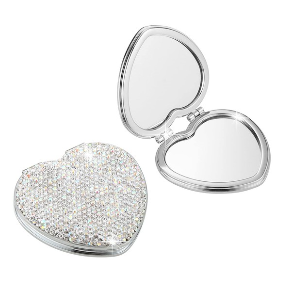 AsAlways Espejo de bolsillo compacto con diamantes de imitación, portátil,