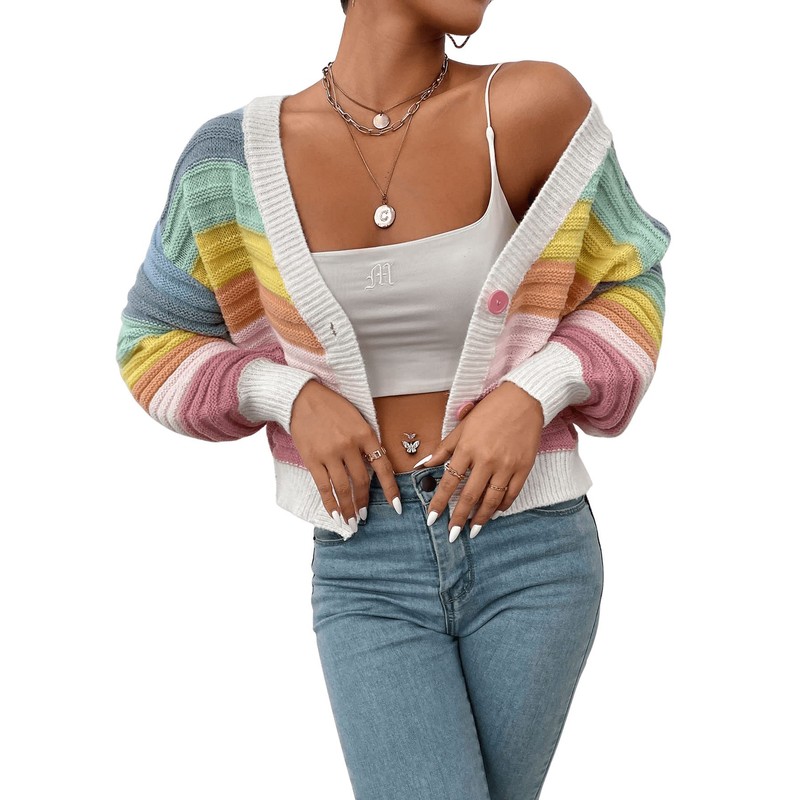 SweatyRocks Women's Color Block V Neck Button Front Knit Cardigan