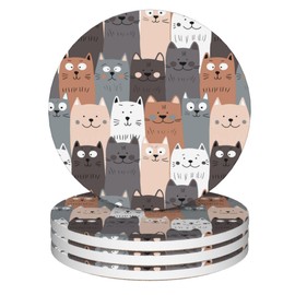 Coasters for Drinks,Cute Cat Gray Cats Absorbent Coaster Set of 4 with Cork Base,Ceramic Drink Coasters for Cold Drinks Wine Glasses Cups Mugs,Housewarming Gifts for Home Decor