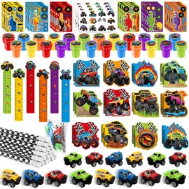 BenLouis 96Pcs Monster Truck Party Favors Truck Car Birthday Stampers Stickers School Stationery Set Bulk for Kids wheels party Race Car Themed Party Goodie Bag Stuffers Pinata Filler Supplies