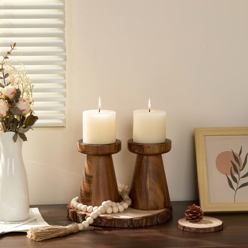 Rustic Acacia Wood Pillar Candle Holder